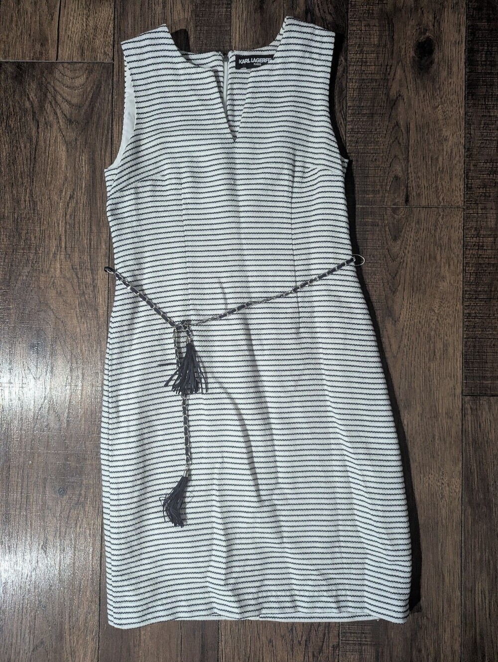Karl Lagerfeld Paris Cream w/ Black Lines Accents Tweed Sheath Dress Size 4 NWOT